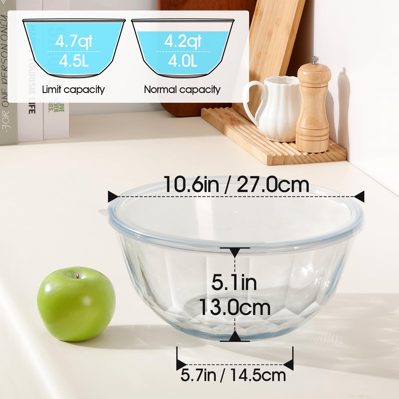 NUTRIUPS Große Glas-Rührschüssel mit Deckel, tiefe große Glasschüssel, große Salatschüssel (Weiß-A)
