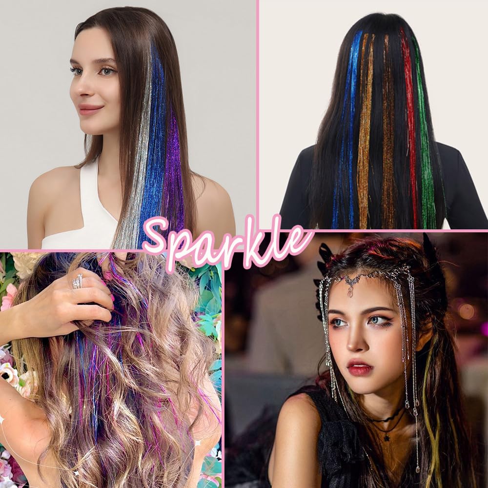 Kit de oropel para el cabello, 12 piezas de oropel con clip para niñas, 22 pulgadas, extensiones de cabello de oropel de hada con purpurina, coloridas, resistentes al calor, accesorios para fiestas 6