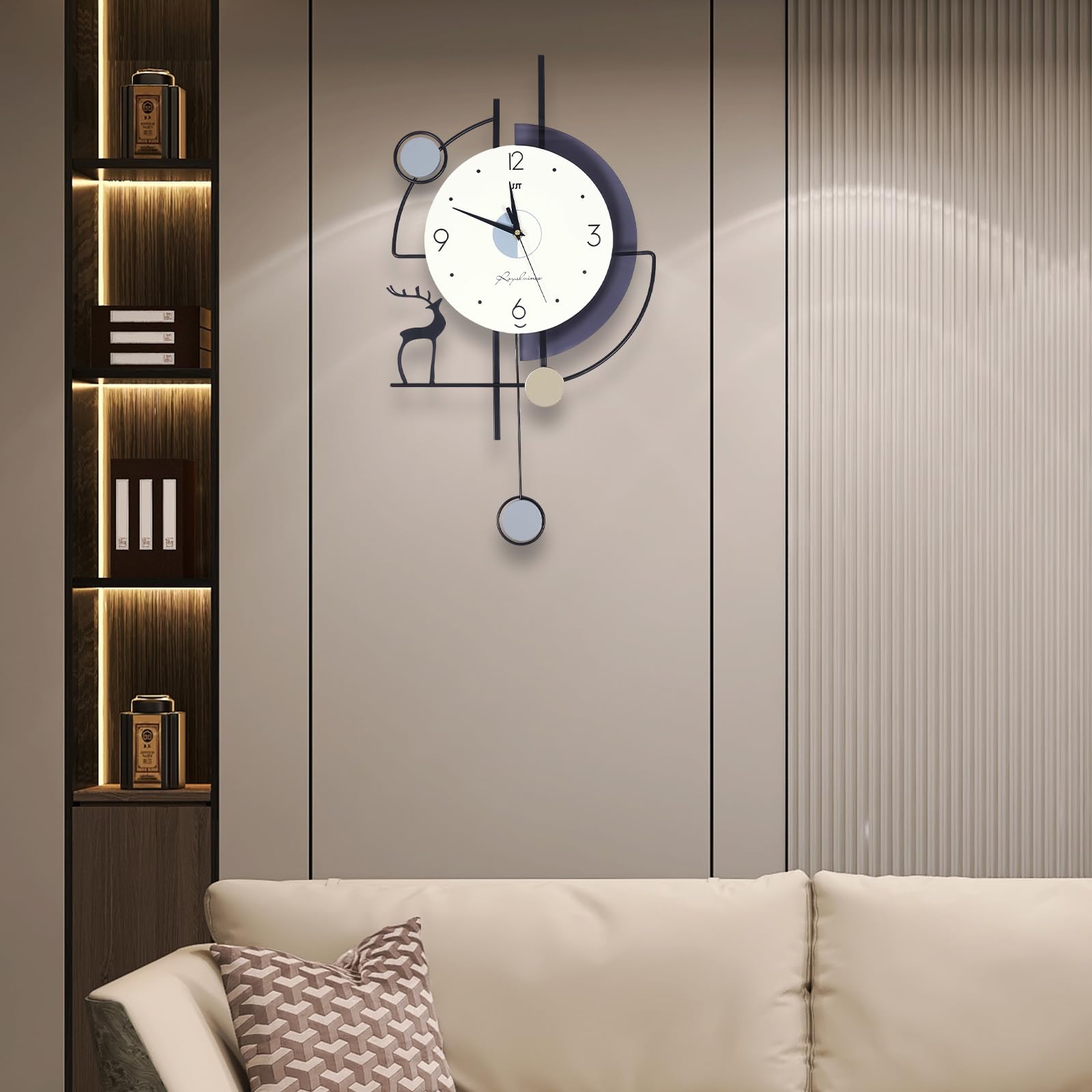 Large Gold Wall Clock Metal, Simple Style Wall Clocks with Elk, Quartz Oscillator, Modern Pendulum Wall Clock, Accurate Round Milu Deer Wall Clock for Living Room, Bedroom, Office (Simple Style)