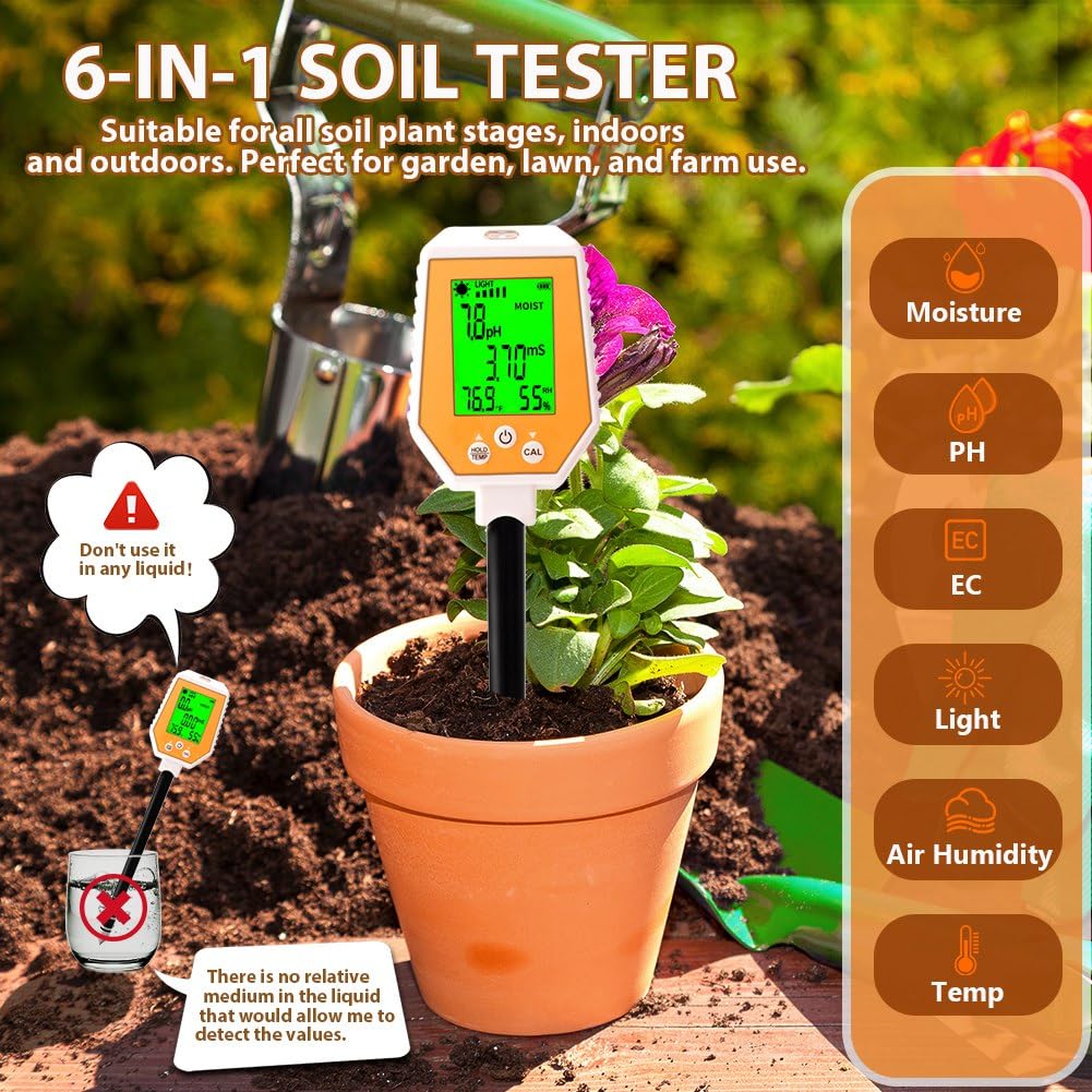 Tester gleby 6 w 1 PH/EC/wilgotność/światło słoneczne/wilgotność powietrza/temperatura PH-metr przewodności o wysokiej dokładności do ogrodnictwa i rolnictwa