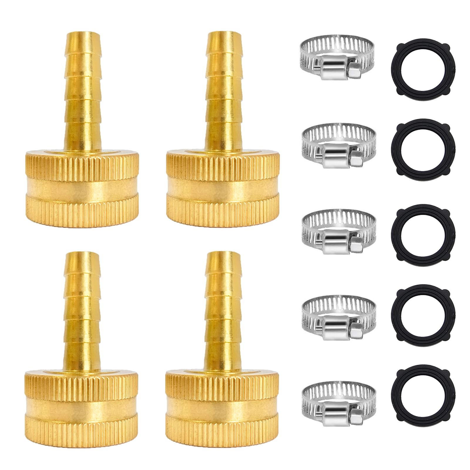 NICOLEKAY 1/4" Barb x 3/4" Female GHT Thread Solid Brass Water Hose End Repair Connector, Includes Stainless Steel Clamps and gaskets（Pack of 4）