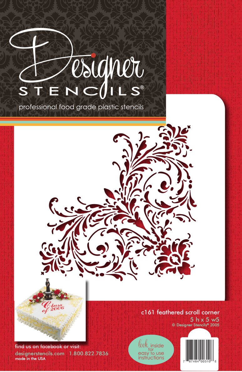 Designer Stencils C161 Feathered Scroll Corner Cake Stencil, Beige/semi-transparent