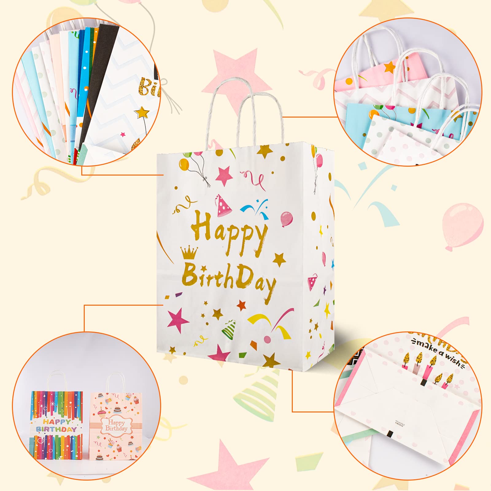 16 Stück Happy Birthday Geschenktüten Mit Griff – Bunte Party-Beutel Wiederverwendbar (4 Designs)