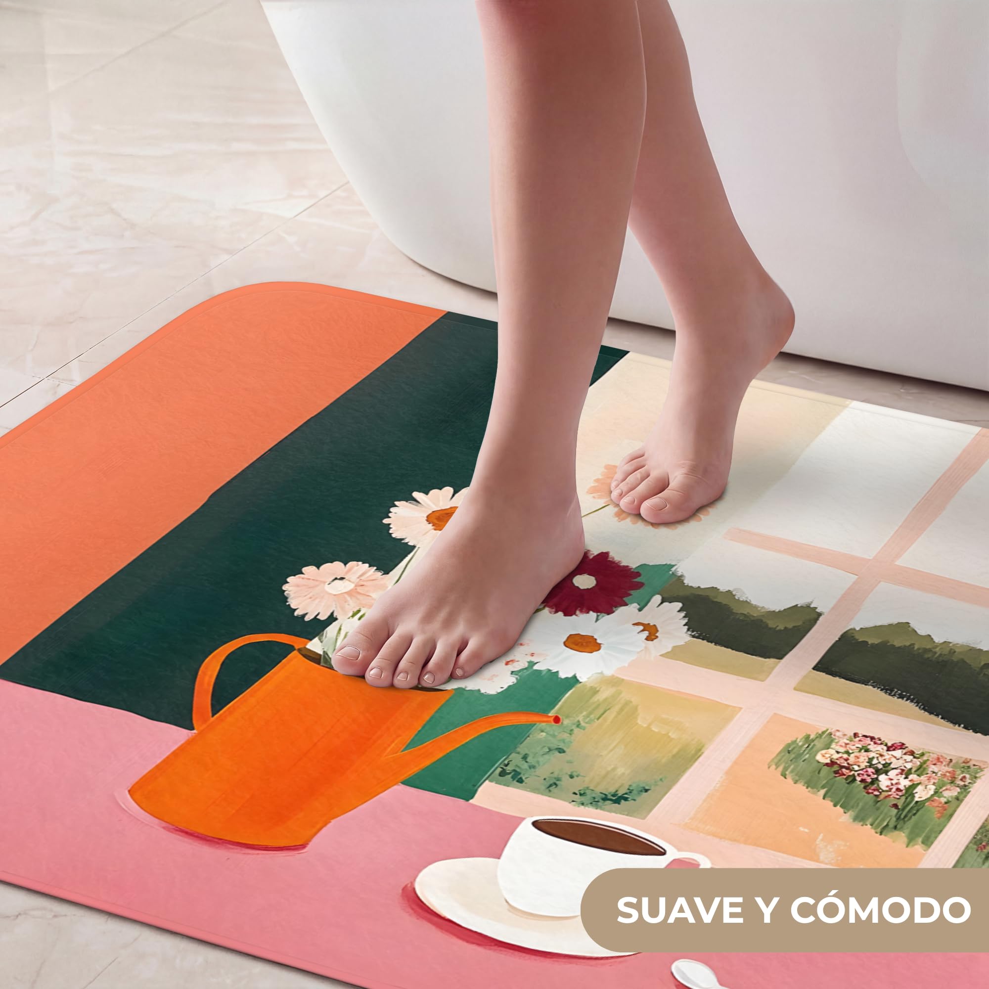 Alfombra De Baño Rectangular 90x60 cm Bathroom Bath Mat Lavable Tapete Antideslizante Alfombras Ducha Decoracion Alfombrilla Flores - Café - Ventana