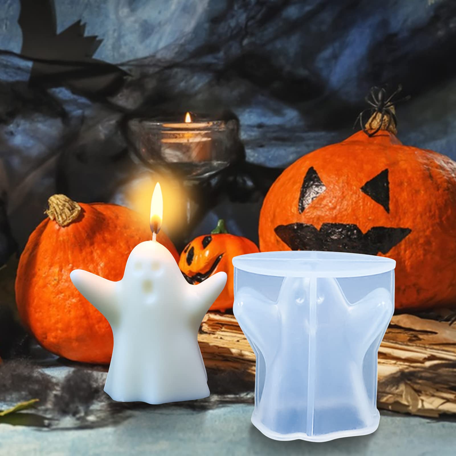 Stampi In Silicone Per Candele A Forma Di Fantasma Di Halloween, 2 Pezzi, 3D, Con 20 Stoppini, Per Cera, Sapone, Gesso E Resina, Decorazioni Fai Da Te - 2