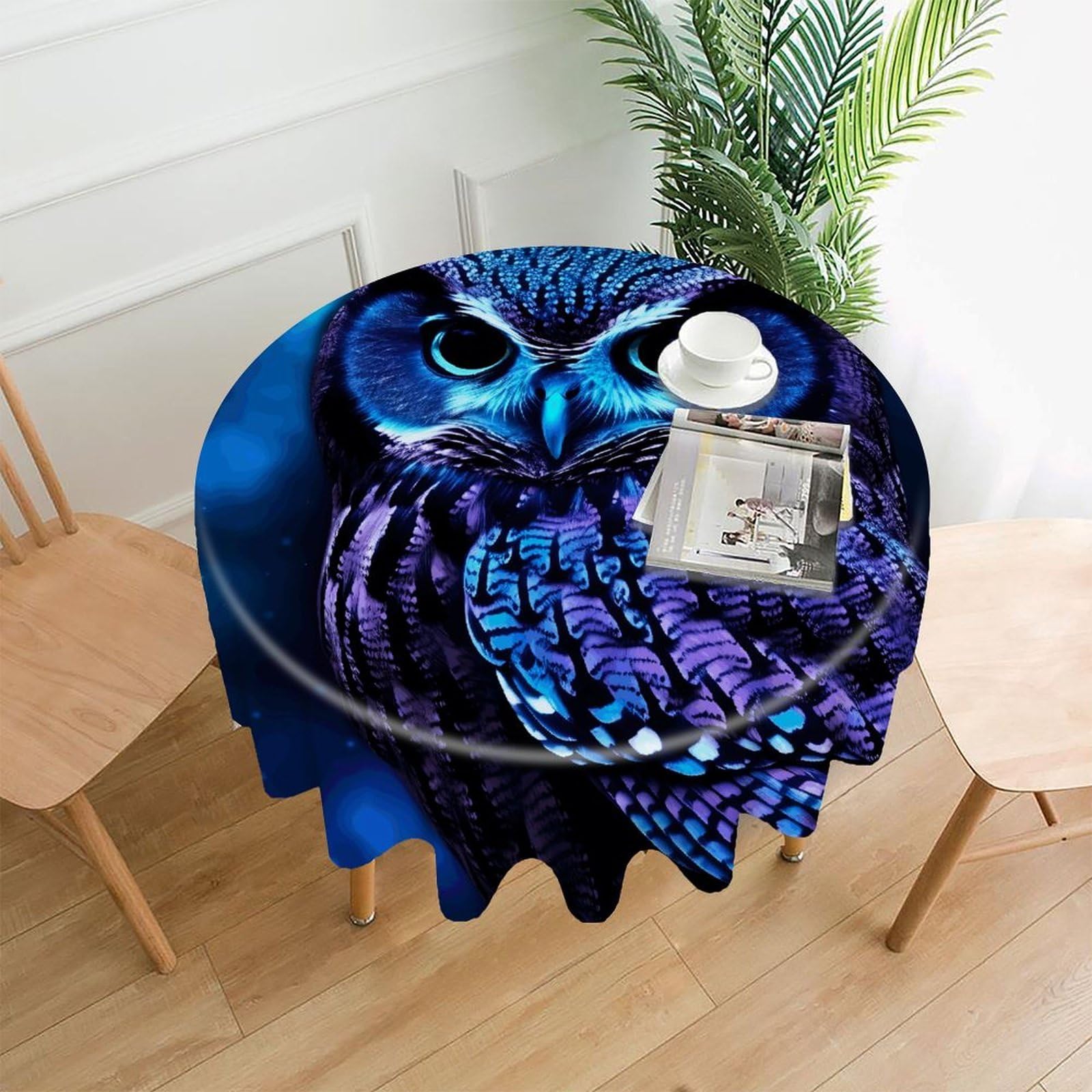 FekiLoot Round Blue Owl Tablecloth Decorative Fabric Table Cloth Wrinkle Free Circle Dining Tablecover Washable Polyester Table Cover for Holiday Dinner Party Decor 60"