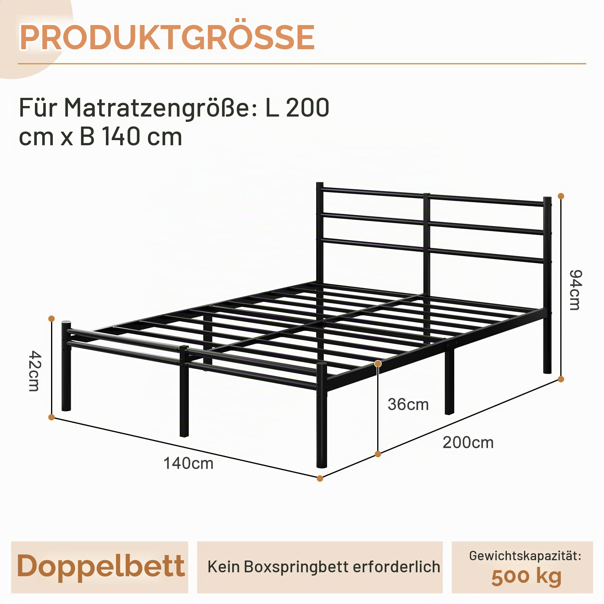 Yicensen Bettgestell 140 x 200 cm, Metallbett mit Kopfteil und Fußteil