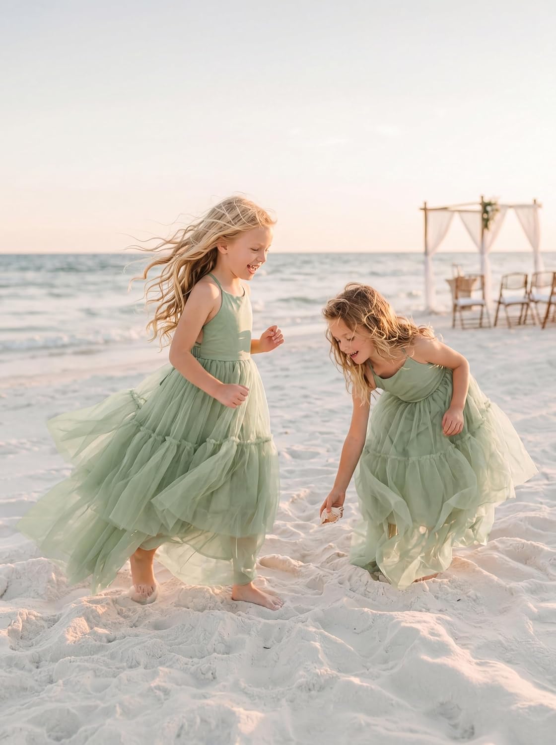 Boho Flower Girl Dress Tulle Spaghetti Strap Backless Layered Ruffle Maxi Dress Beach Wedding Garden Photoshoot