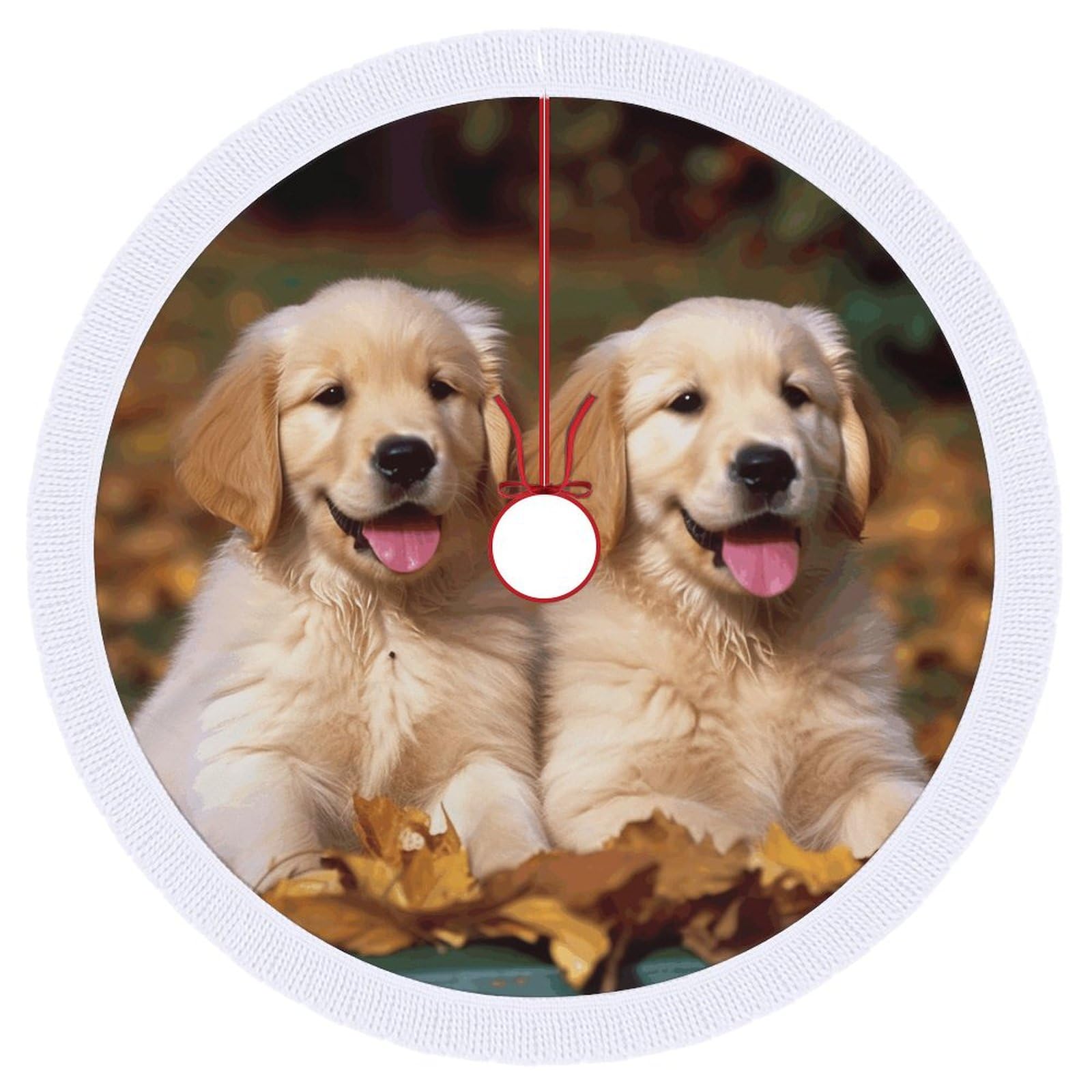 Jupe de sapin de Noël avec chiots Golden Retriever pour un salon chaleureux
