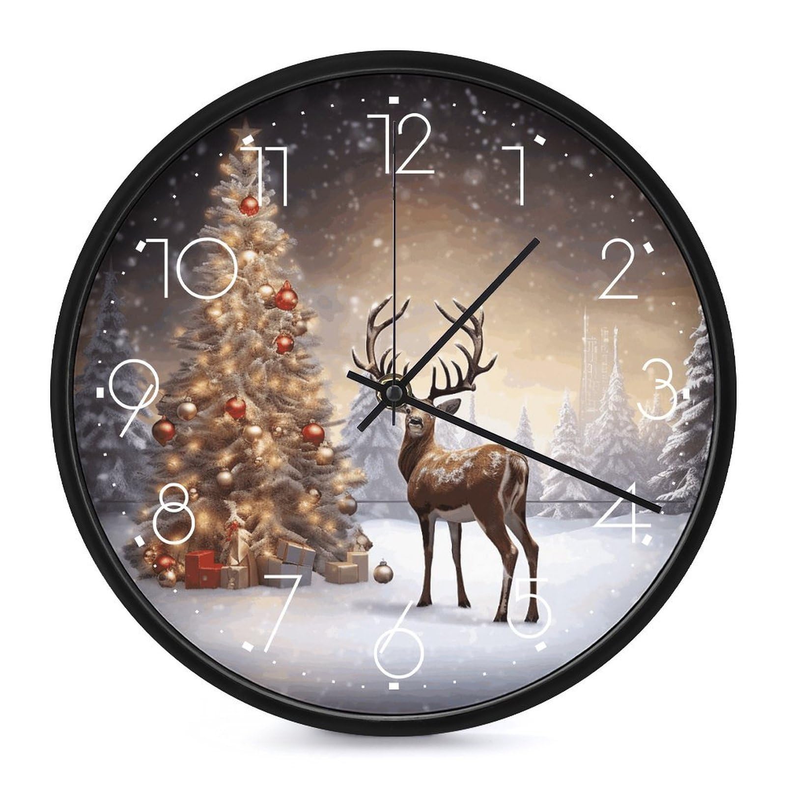 Horloge murale arbre et renne décorative pour supprimer les bruits de tic-tac
