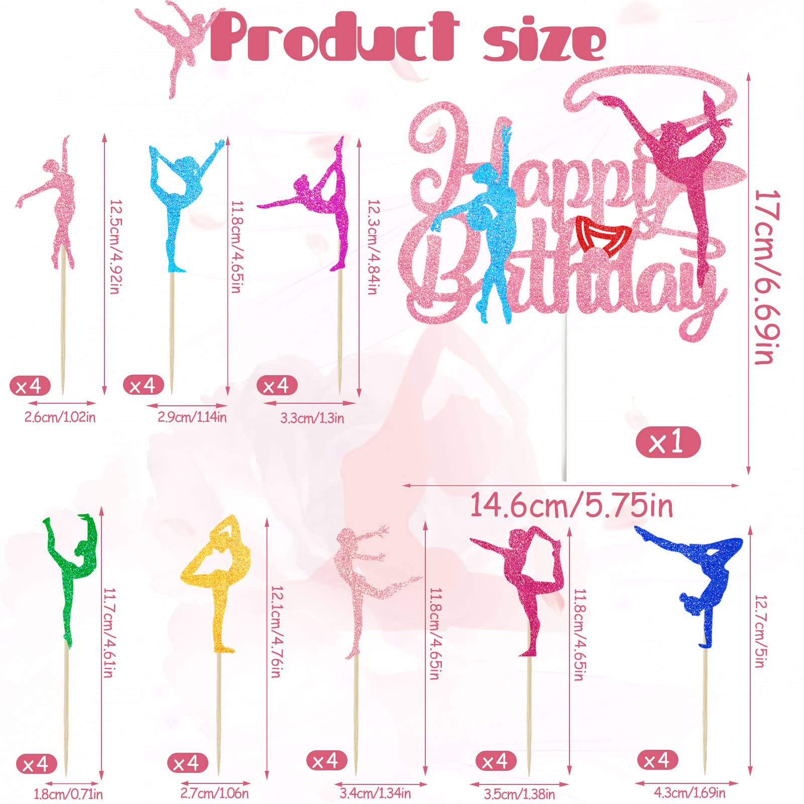 Tarklanda 25 szt. Gimnastyka Happy Birthday dekoracje tortowe brokat gimnastyczka dziewczyna babeczki toppery kolorowa sylwetka dla tematu baby shower artykuły imprezowe