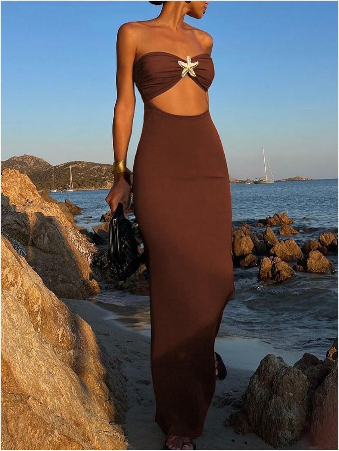 GORGLITTER Women's Strapless Tube Dress Starfish Slit Backless Cut Out Bodycon Maxi Long Cocktail Dress - Image 2