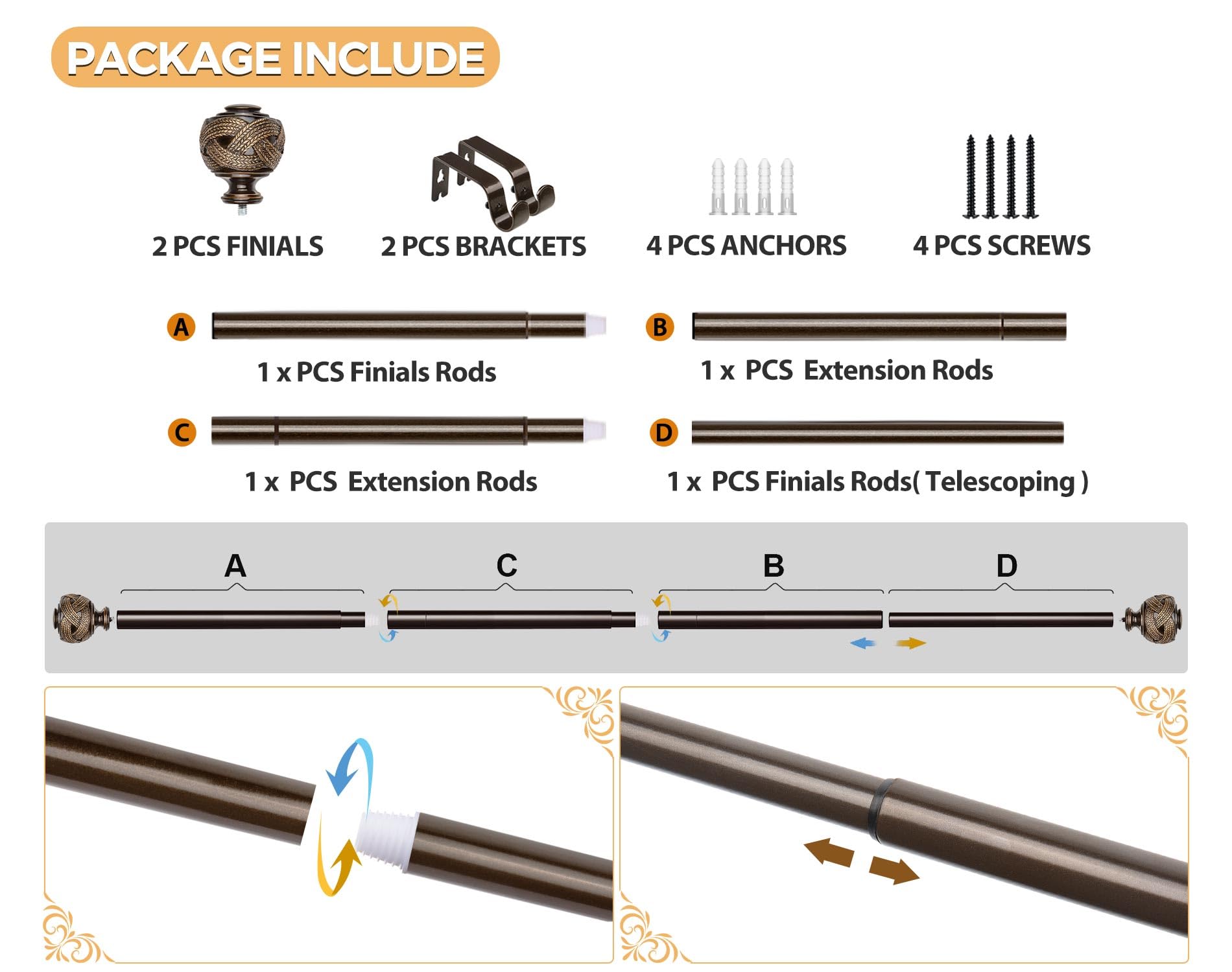 Bronze Curtain Rods - Adjustable 32-58 Inch -9 Bronze Curtain Rods - Adjustable 32-58 Inch -9
