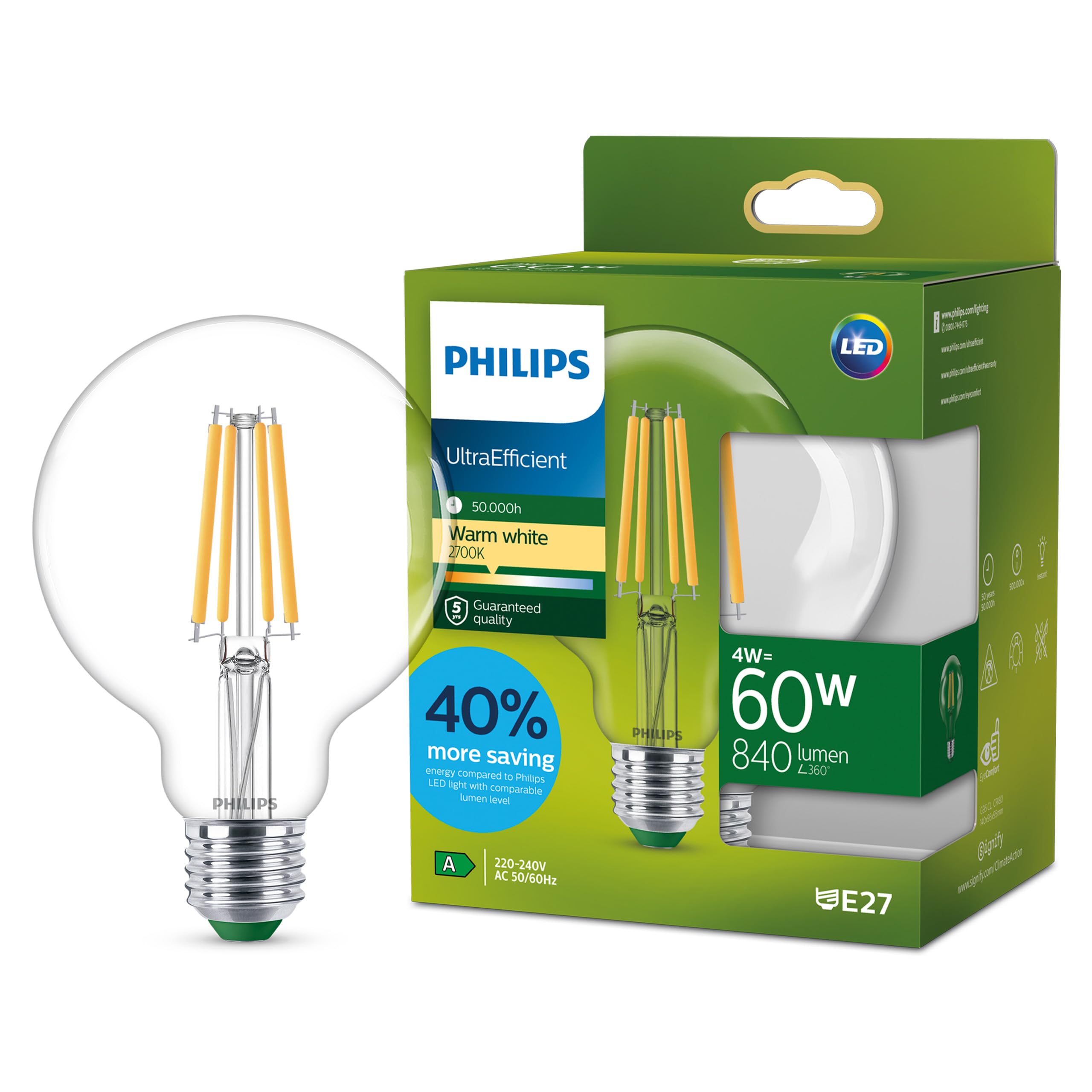 Philips Classic ultra-efficient LED bulb with energy efficiency class A, E27 base, replaces 60W, clear, warm white light, globe shape
