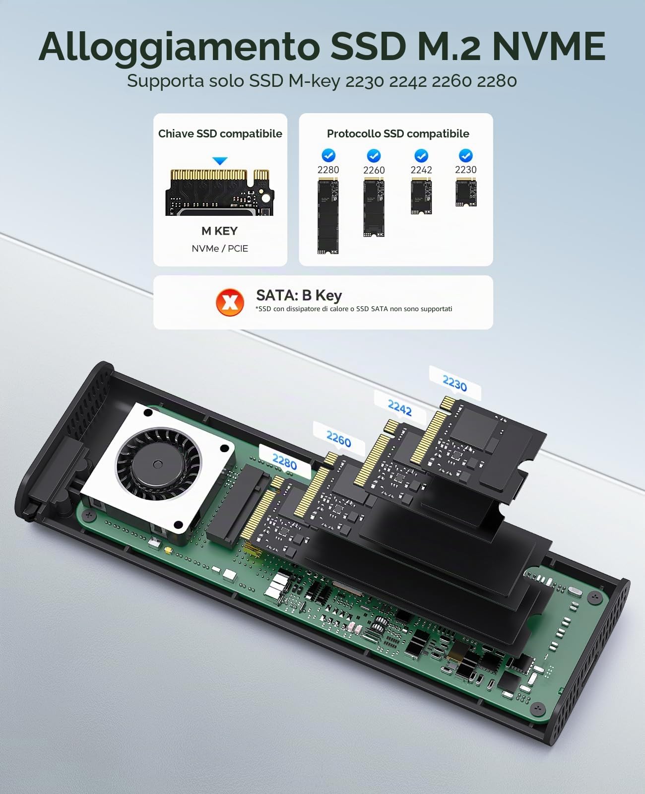 ORICO 40Gbps M.2 NVMe SSD Enclosure per Thunderbolt 4/3, NVMe Enclosure Support 2230 2242 2260 2280 (M Key), Compatibile per Thunderbolt 3/4 USB4/3.2/3.1/3.0/2.0, fino a 3100 MB/s