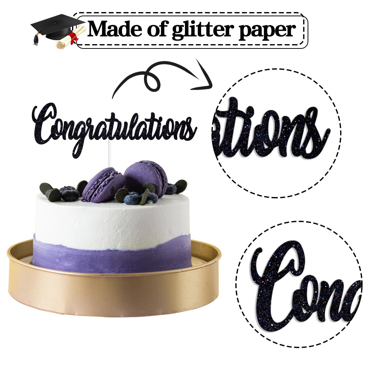 Black Glitter Congratulations Cake Topper, Congrats 2025/Class of 2025, 2025 Graduation Party Decorations Supplies 4