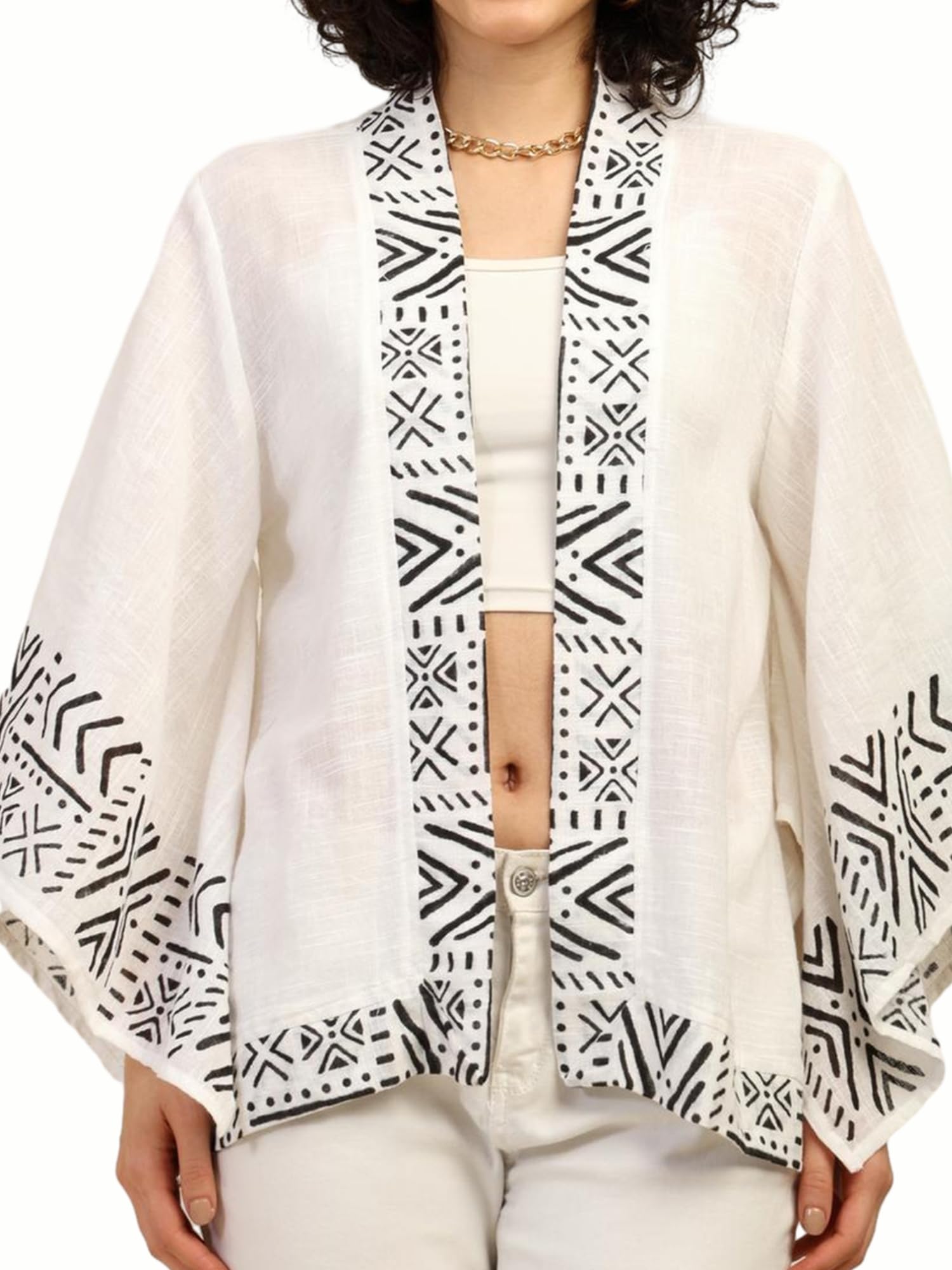 ke kanhaexports KE KANHA EXPORTS Women's Premium Cotton Slub Shrug with Japanese Sleeves | Open Front Lightweight Shrugs for Women Stylish White Printed Cape-picture-57