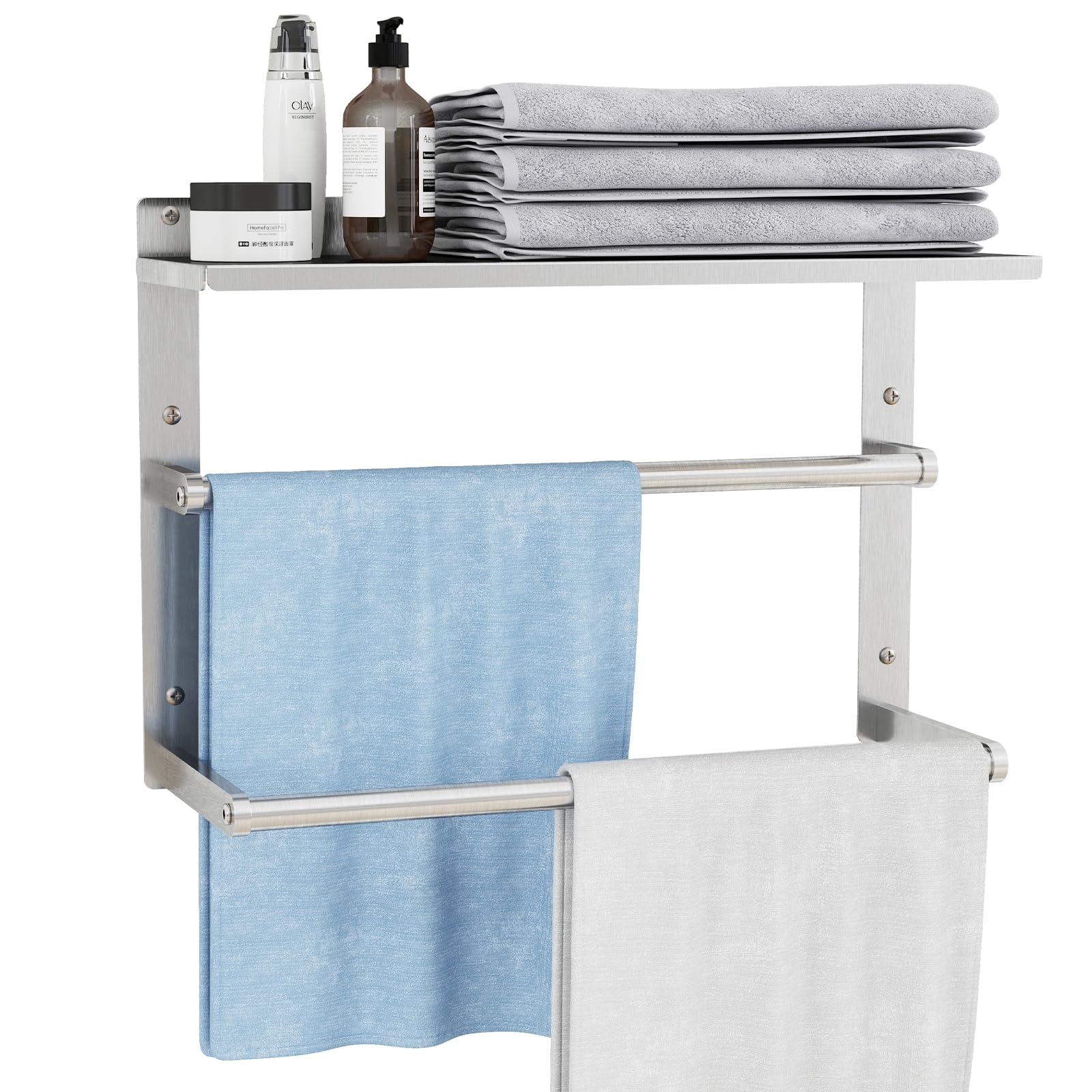 Towel Rack 3-Tier 16.5" Hotel Towel Shelf with Double Bar and Storage Basket, Brushed Nickel Wall Mounted Stainless Steel Bathroom Towel Holder