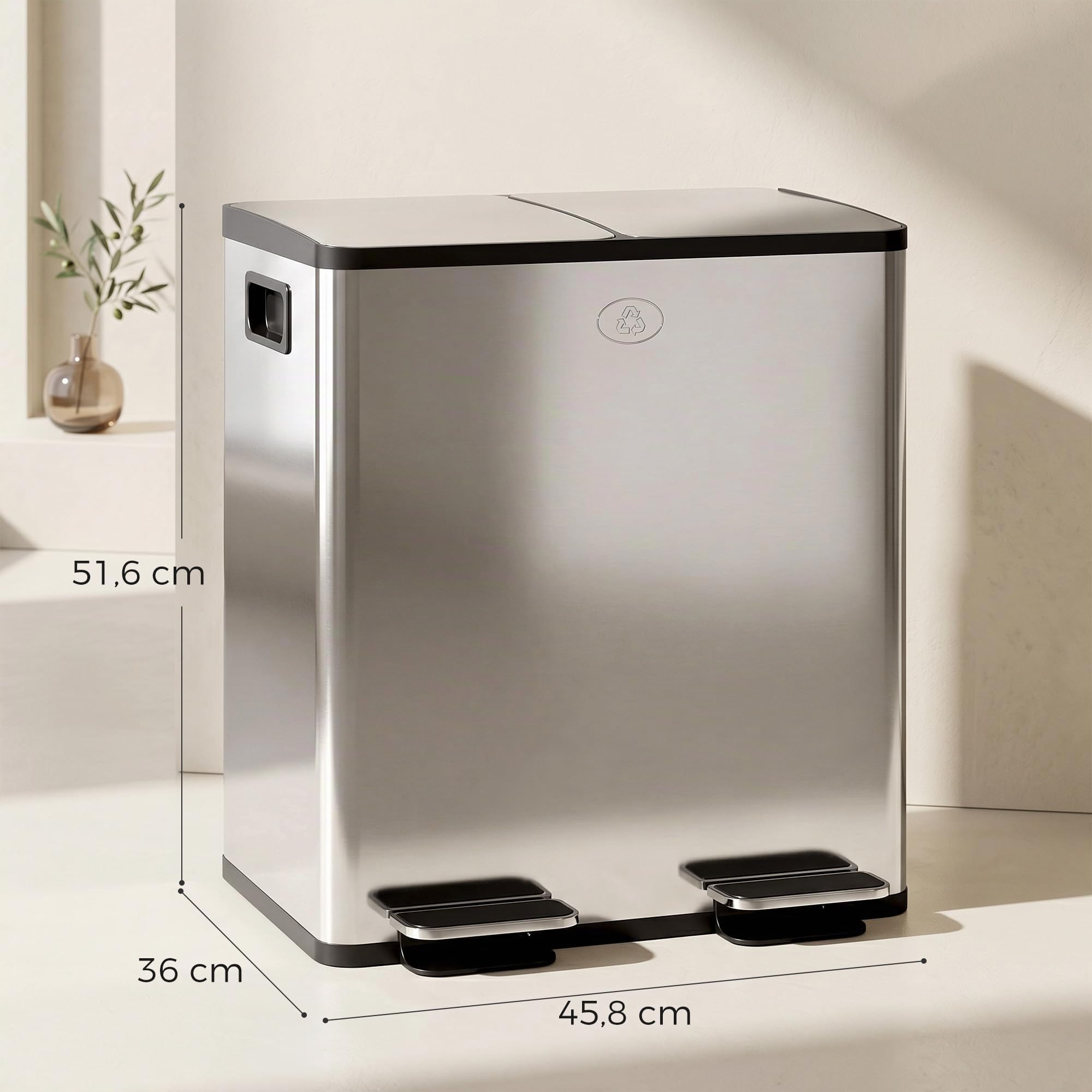 HOMCOM Mülleimer aus Edelstahl mit Softclose Deckel, 2 x 20L Silber | Abfalleimer, Mülltrennsystem, Herausnehmbare Inneneimer, Deodorant-Fächern, Treteimer für Wohnung