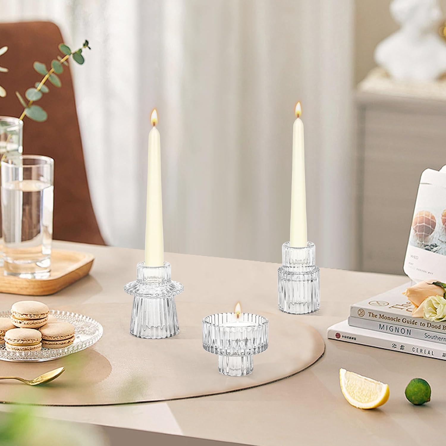 Taper Votive Candle Holder for Pillar Candles Tealight, Candlestick Holder for Wedding Christmas Tea Party, Boho Ribbed Vintage Crystal Glass Table Centerpiece Decor, Bulk Set of 6 (Clear)
