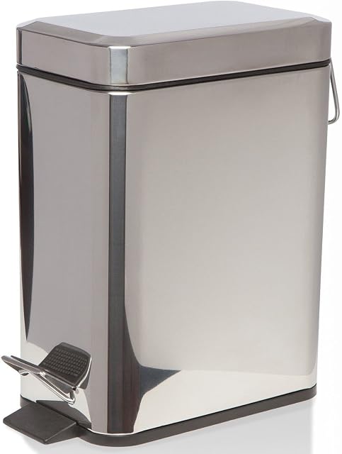 PEDAL BIN BATHROOM 5L SLIM RECTANGULAR REMOVABLE BUCKET WASTE DUST SLIMLINE EASY TO CLEAN 5 LITRE TOILET STAINLESS STEEL (Silver)