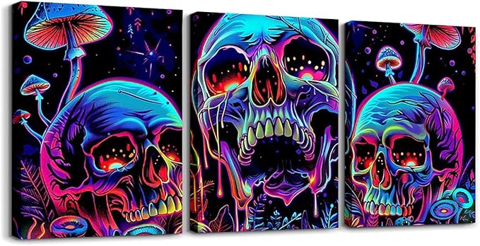 Gothic Canvas Wall Art Set of 3,Sugar Skull Framed Wall Art Exotic Mushroom Wall Decor Living Room,Goth Skeleton Poster Prints Artwork for Walls Rainbow Bone Hang Pictures Home Decor