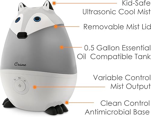 Miniatura 3 de Crane Humidificador ultrasónico de animales de niebla fría para dormitorio y guardería de niños, ajustable de 0.5 galones, apagado automático, zorro