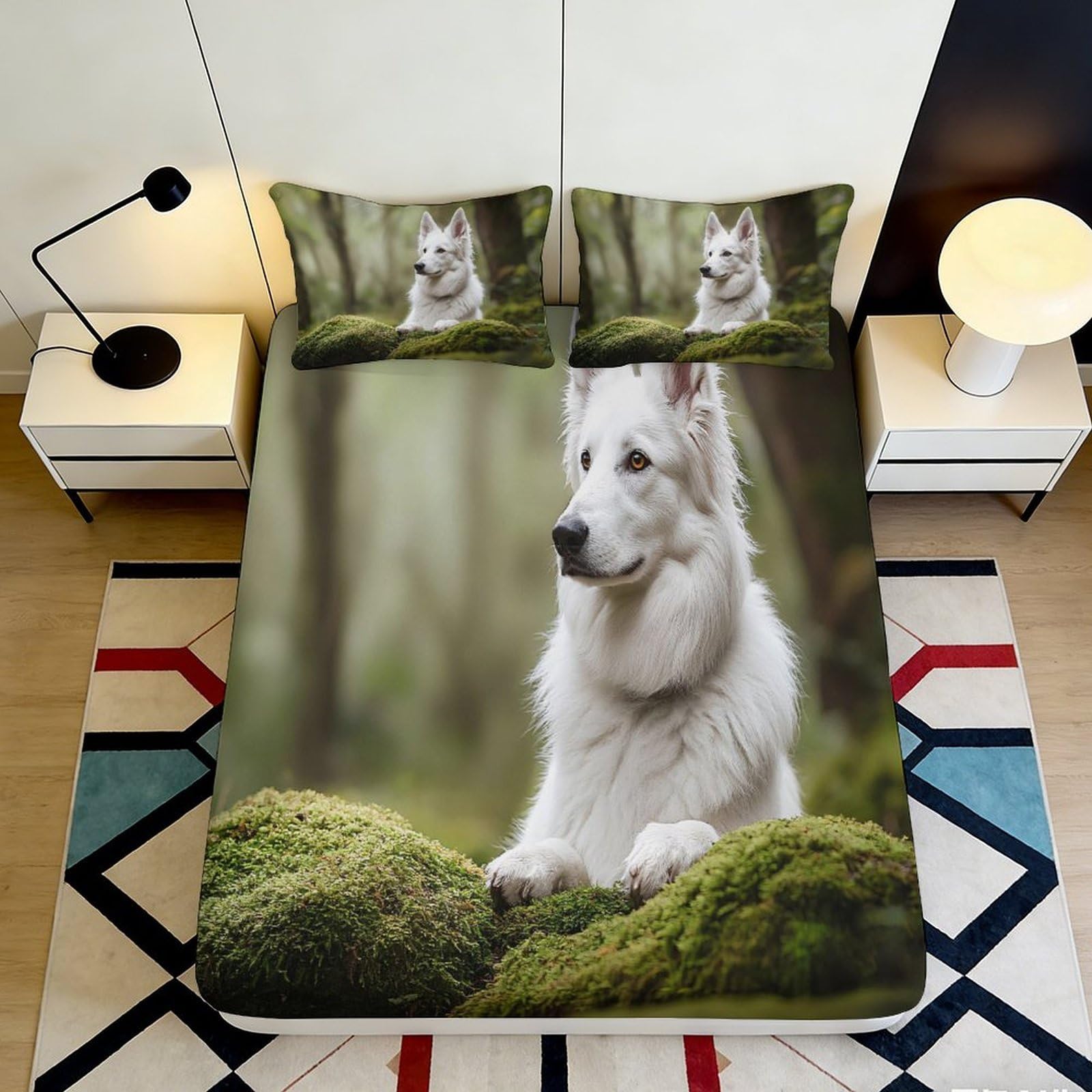 3D Printed White Shepherd Forest Fitted Sheet Microfiber Anti-Slip Moss Dog Mattress Cover for Bedroom Guest Room Decor 90x200x25cm