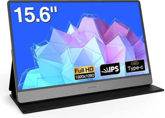 KOORUI Portable Monitor, 15.6 inch 1080P FHD IPS Monitor Screen with HDMI/Type-C/USB-C w/Protective Portable Screen, Dual Built-in Speaker for Laptop/PC/Mac/PS3/4/5/Xbox/Phone