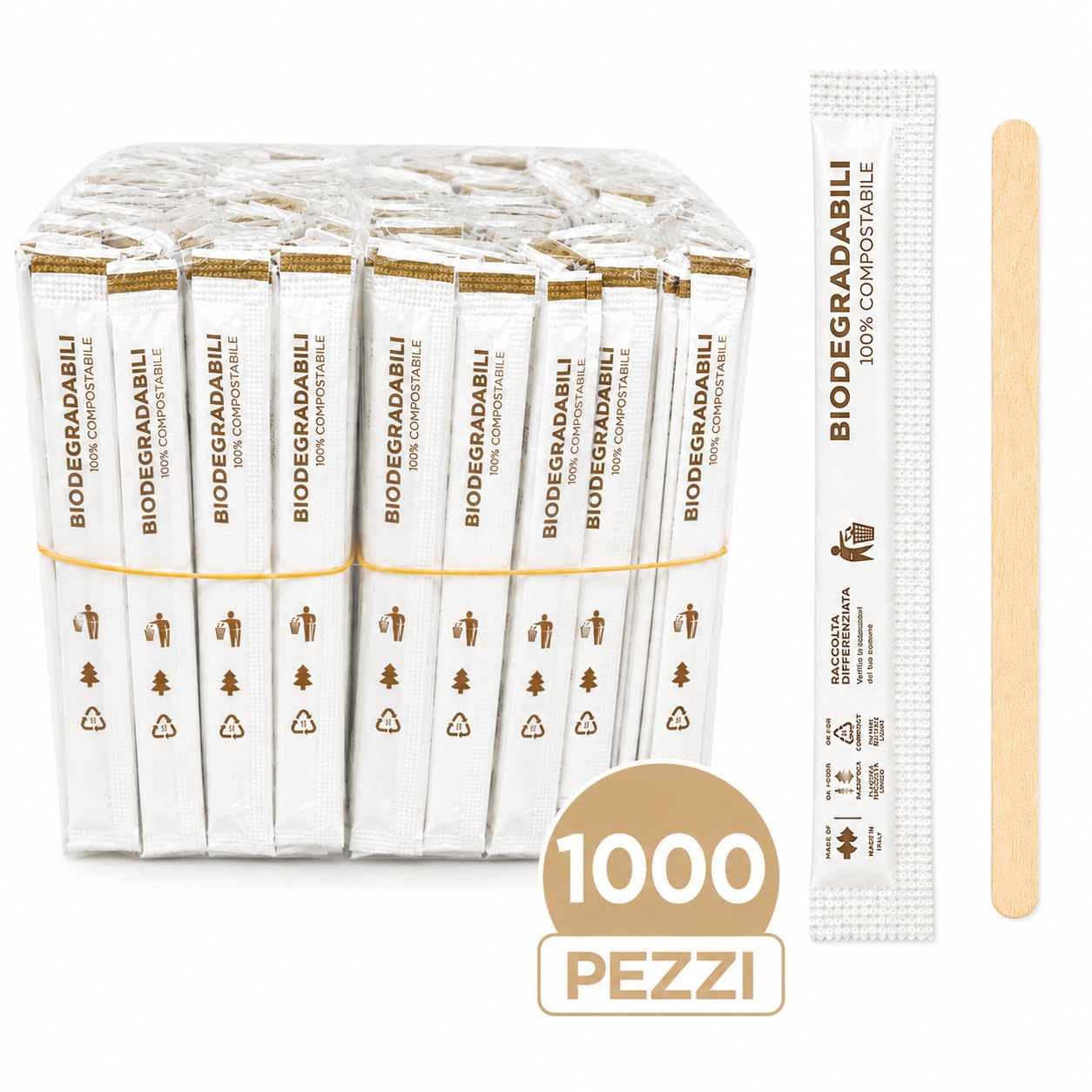 1000 Palette Caffè Monouso in Legno Confezionate Singolarmente, Palettine Biodegradabili, Compostabili e Resistenti al Calore, per Girare Zucchero Bevande e Caffè nei Bicchierini