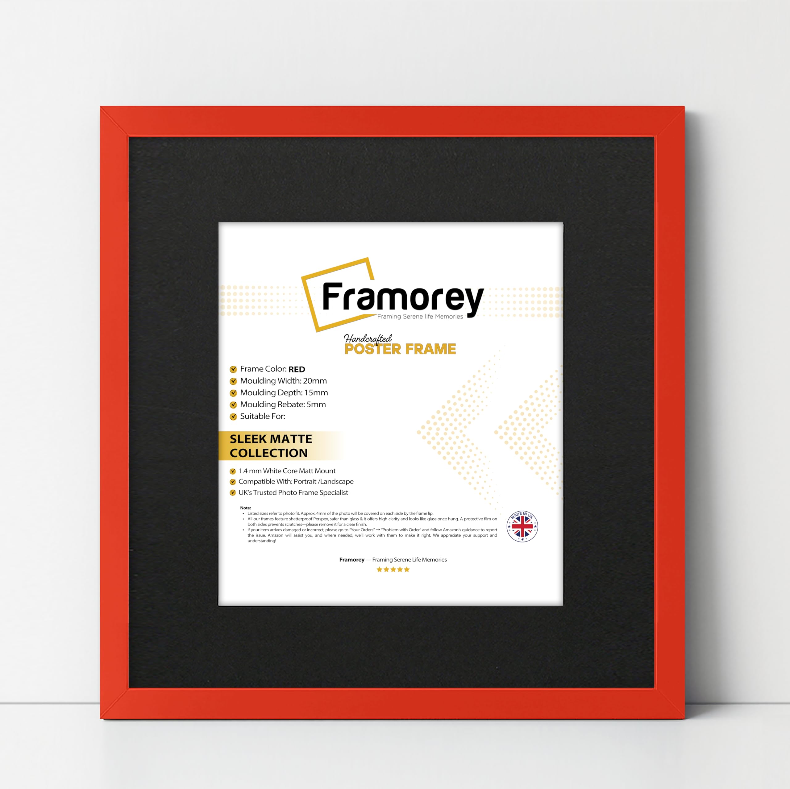FRAMOREY Square Size Thin Matt Photo, Handmade Flat Thin Picture Frame, 13x13" Size Red Picture Frame With 11x11" Size Black Mount, Photo Print Frames