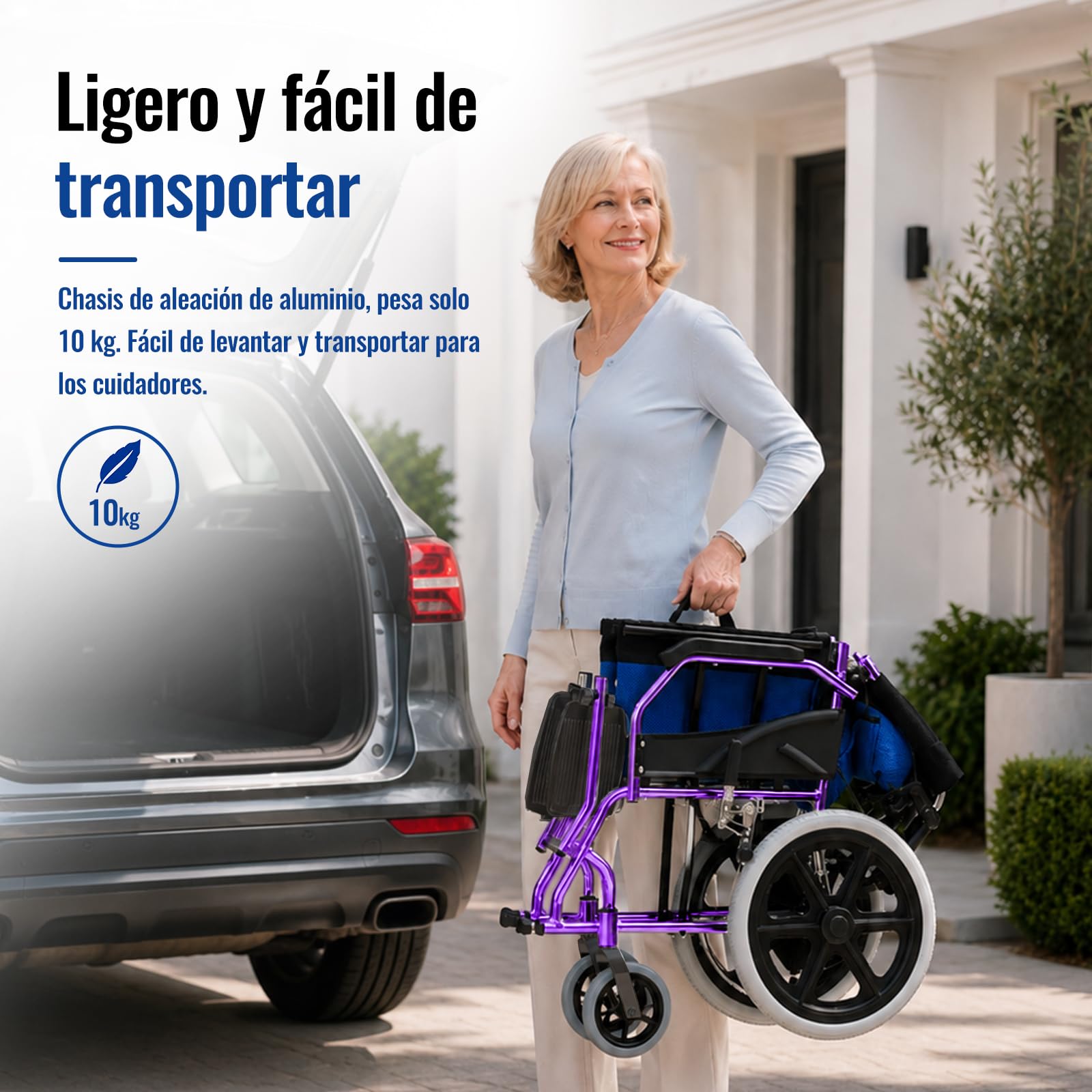 M3 Silla de Ruedas Plegable Ligera para Adulto, Fácil de Transportar, Doble Freno, Reposapiés Plegables, Soporta hasta 100 kg, Ideal para Mayores y Movilidad Reducida - Púrpura