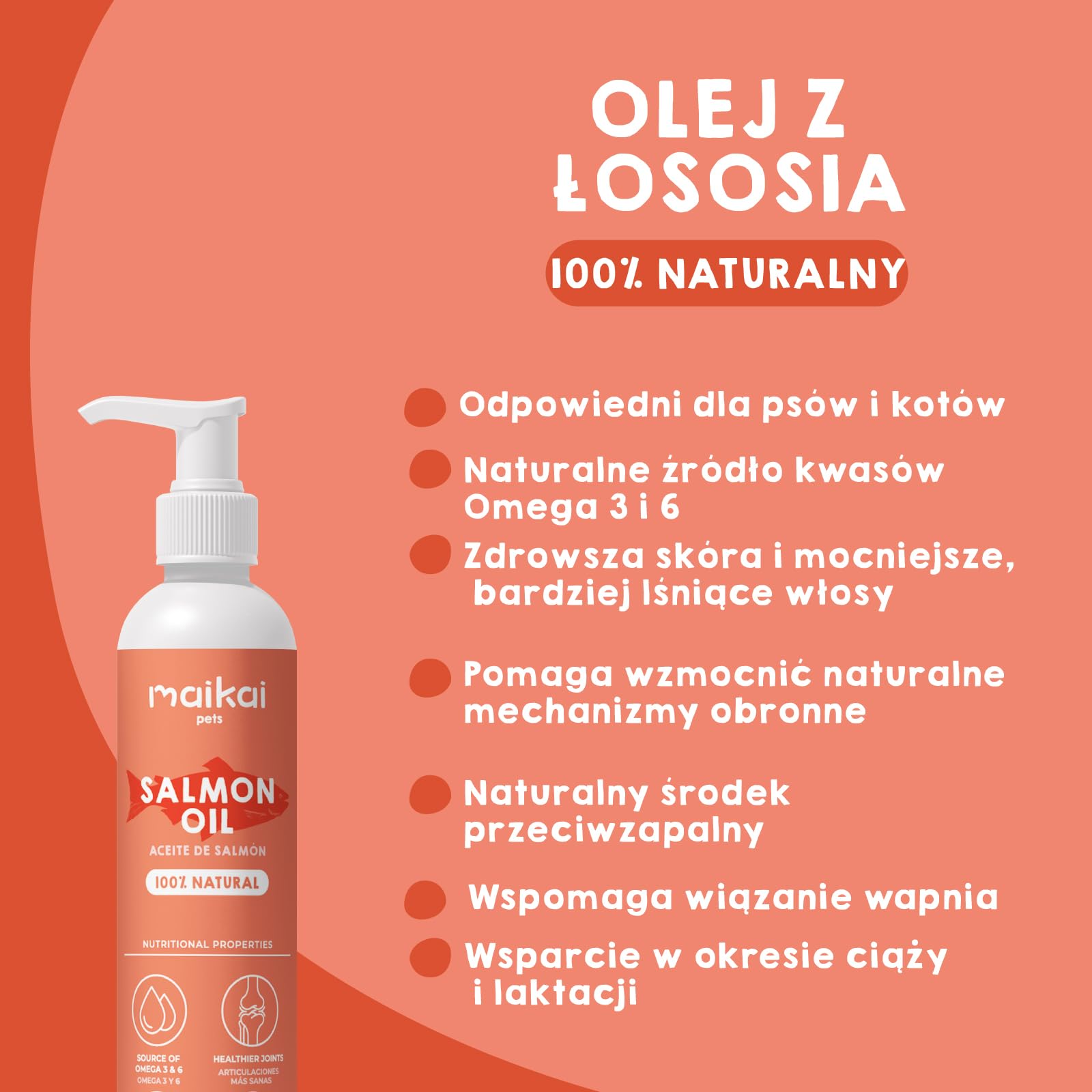 MAIKAI Olej z łososia dla psów i kotów 1000 ML Omega 3 i 6 Naturalny