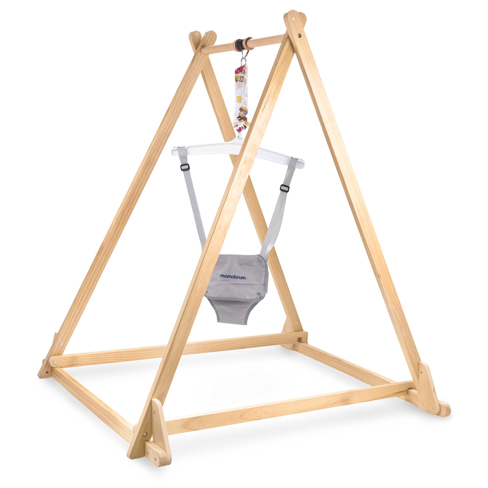 Mamabrum Sauteur Bébé en Bois avec Siège Réglable et Structure Pliable, Cadre en Bois, Double Fermeture de Sécurité, Gris, pour Enfants de 6 à 30 Mois