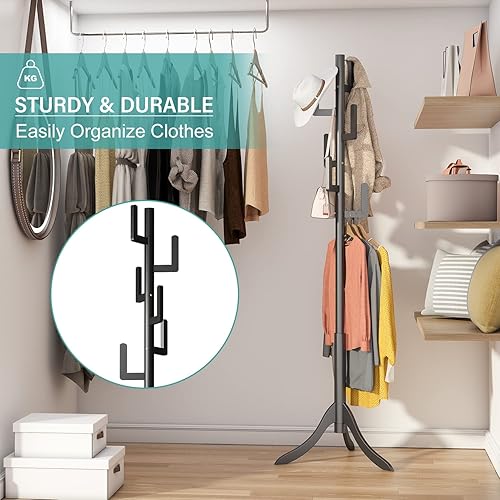 Miniatura 8 de Vriccc Perchero negro independiente, árbol de bambú de cactus, soporte de madera de altura ajustable con 6 ganchos, perchero para niños, utilizado