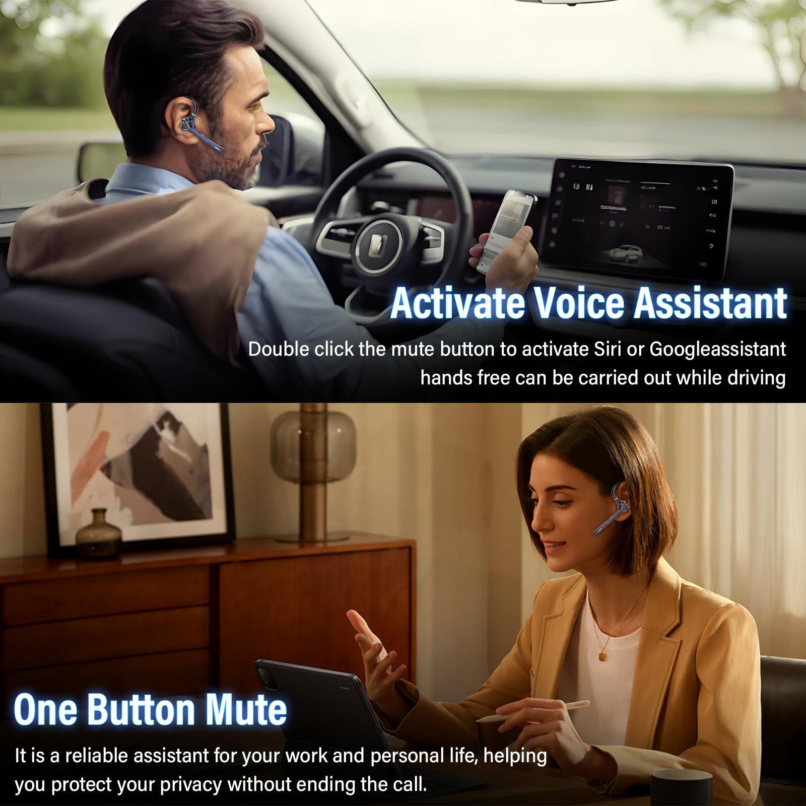 Cuffie Bluetooth Singolo Vivavoce, Auricolare V5.4 con ENC Noise Canceling Mic Mute, 90 Ore Mano Libera Auricolare Bluetooth per Affari/Sport Blu