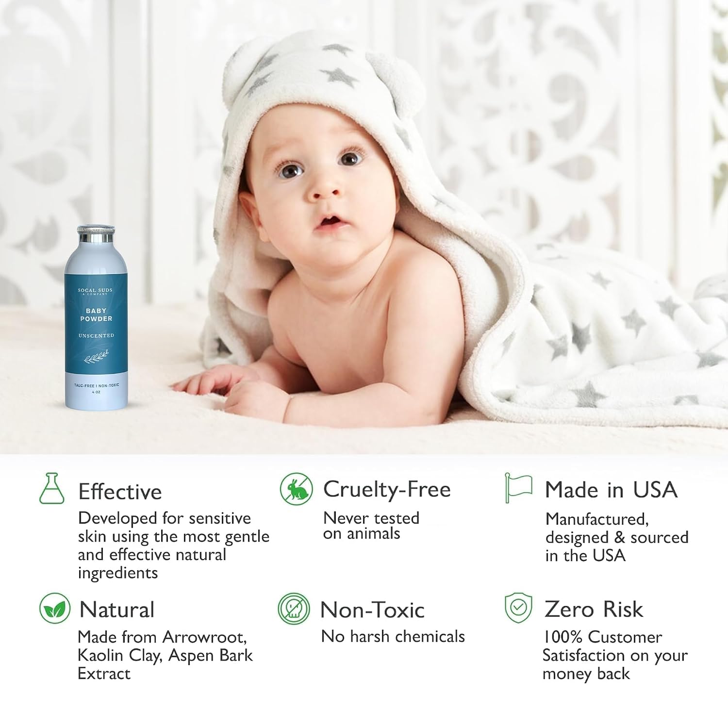 SoCal Suds & Company - Natural Baby Powder - Talc-Free Formula with Arrowroot, Kaolin, Aspen Bark Extract for Soft Soothing Sensitive Skin - Gentle Absorption - Fragrance Free, 4oz, 2-Pack
