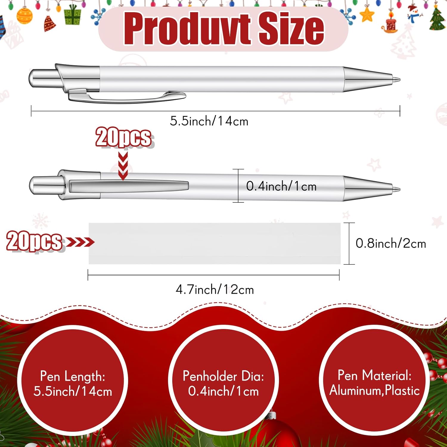 Yexiya 20 Pcs Sublimation Pen Blank Heat Transfer Sublimation Ballpoint Pen with Clip Shrink Wrap White Aluminum Customized Gift Personalized Favor for Christmas DIY Office School Stationery Supplies