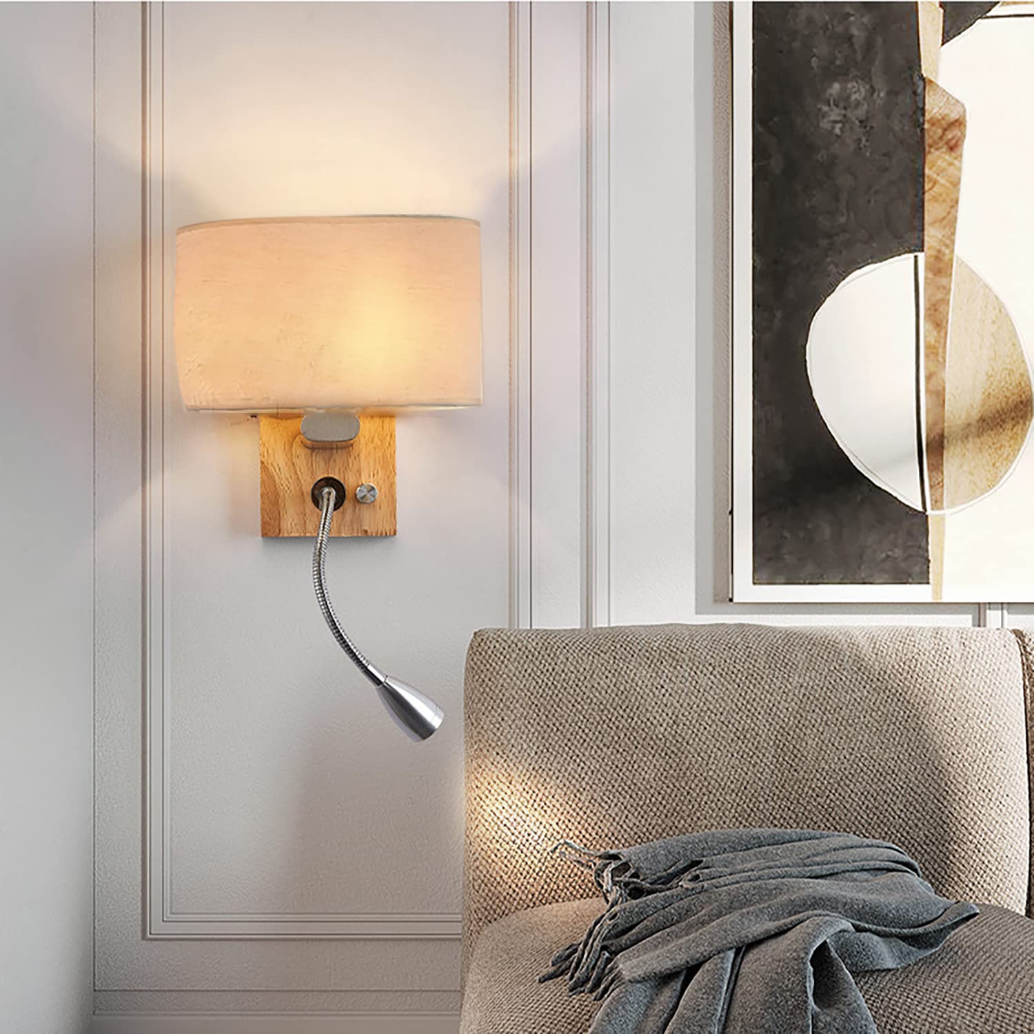 KZT Moderne LED Nachttisch Wandlampe mit Schalter 3 Farben Einstellbar Holz Wandleuchte Innen mit Leselampe E27 Stoffschirm Innenbeleuchtung für Schlafzimmer Wohnzimmer Kinder Hotel Büro Flurlampe