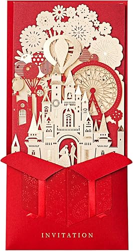 Miniatura 1 de Hosmsua Kit de 50 invitaciones de boda en blanco dorado claro de 4.1 x 8.5 pulgadas, corte láser 3D, castillo, novia y novio, invitación de boda con