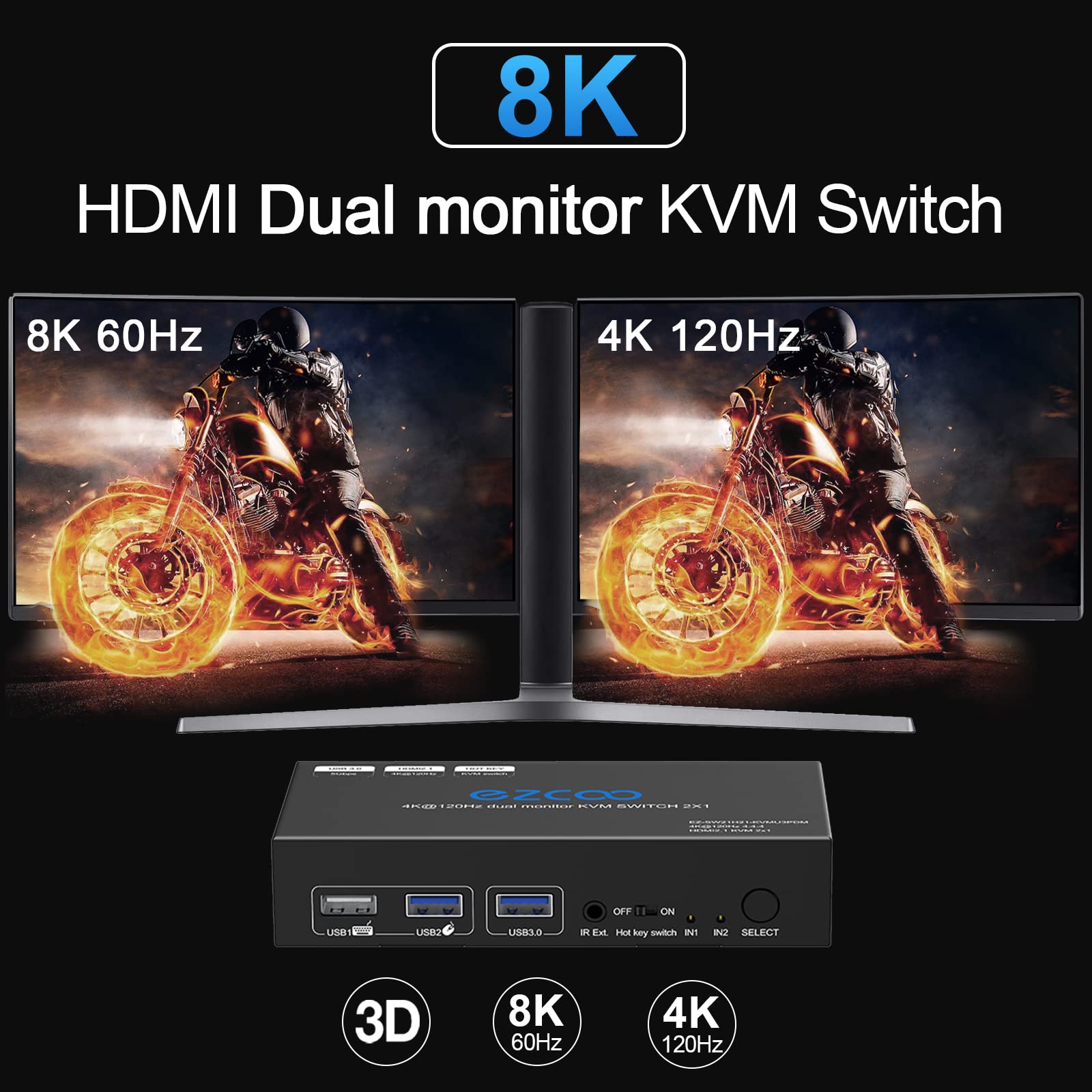 8K HDMI 2.1 KVM Switch Dual Monitor USB 3.0 2 Ports mit Hotkey 8K 60Hz 4K 120Hz 48Gbps HDCP2.3 HDMI Extended Display Share 2 PC mit einer Tastatur Mous HDR D-olby Vision VRR IR Remote Control