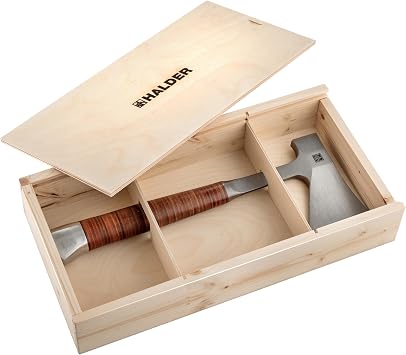 HALDER 3555s001 Hand Hatchet with Leather Handle Includes High-Quality Leather Belt Bag for Cutting Protection in Attractive Gift Wooden Box