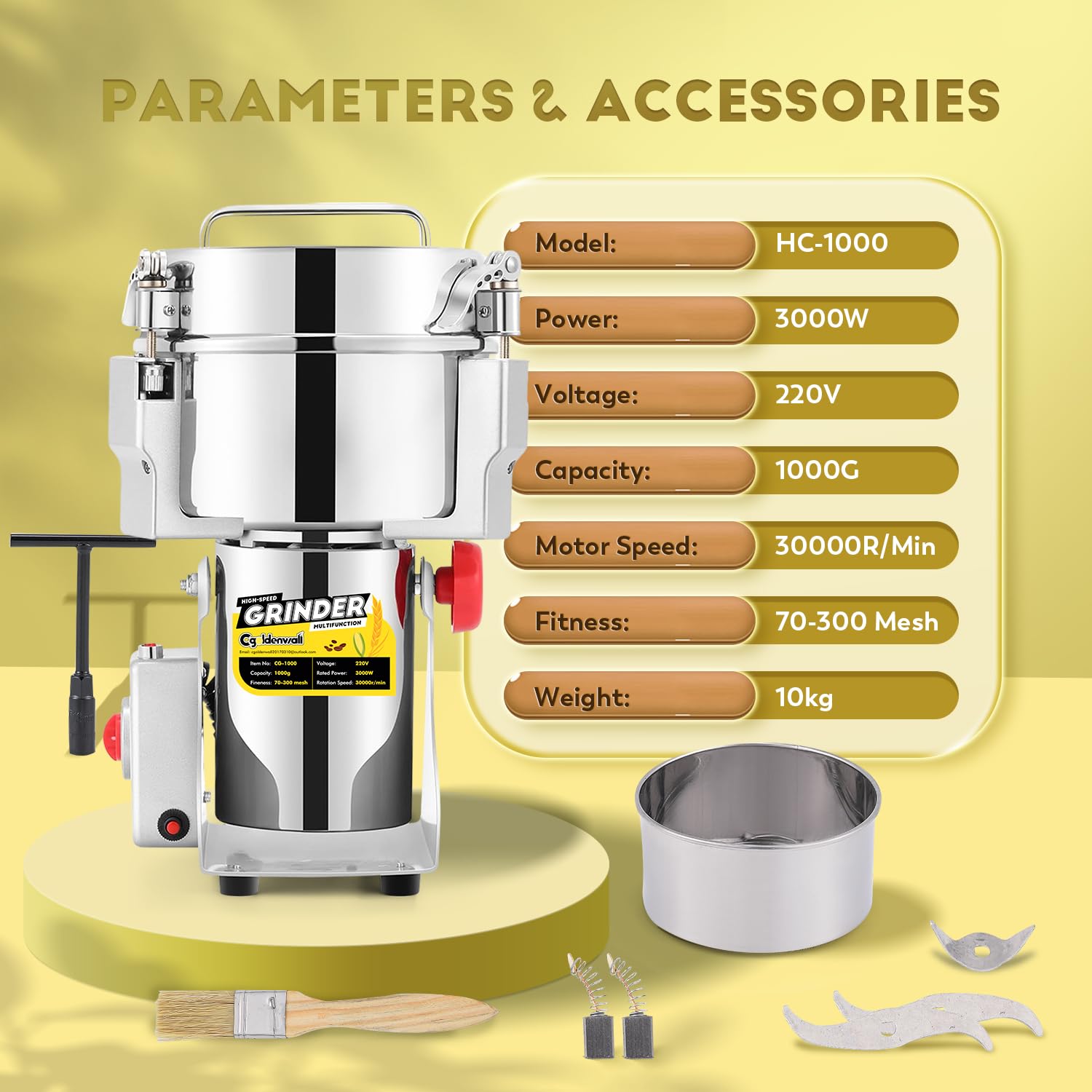 CGOLDENWALL Mulino elettrico per cereali 30-300 maglie macinazione superfine per erbe/grani/spezie/semi 28000 giri al minuto ad alta velocità in acciaio inox (1000g Oscillante)