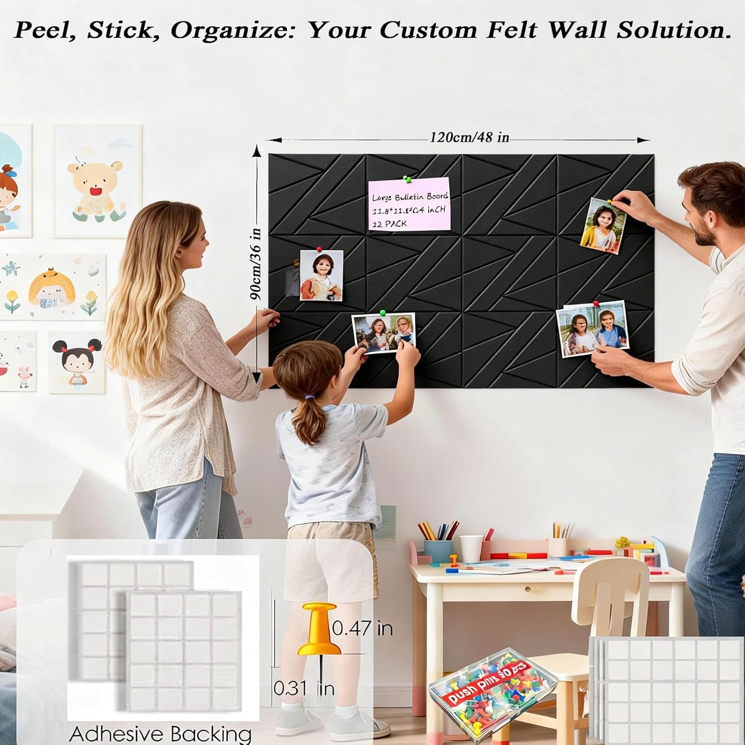 Large Bulletin Board & Cork Board for Walls, 12 Pack with 50 Thumbtacks, Pin Board Vision Board for Home Office, Office Organization, Student Dorm, Creative Studio - Black, 47.2"x 35.4"x 0.4"