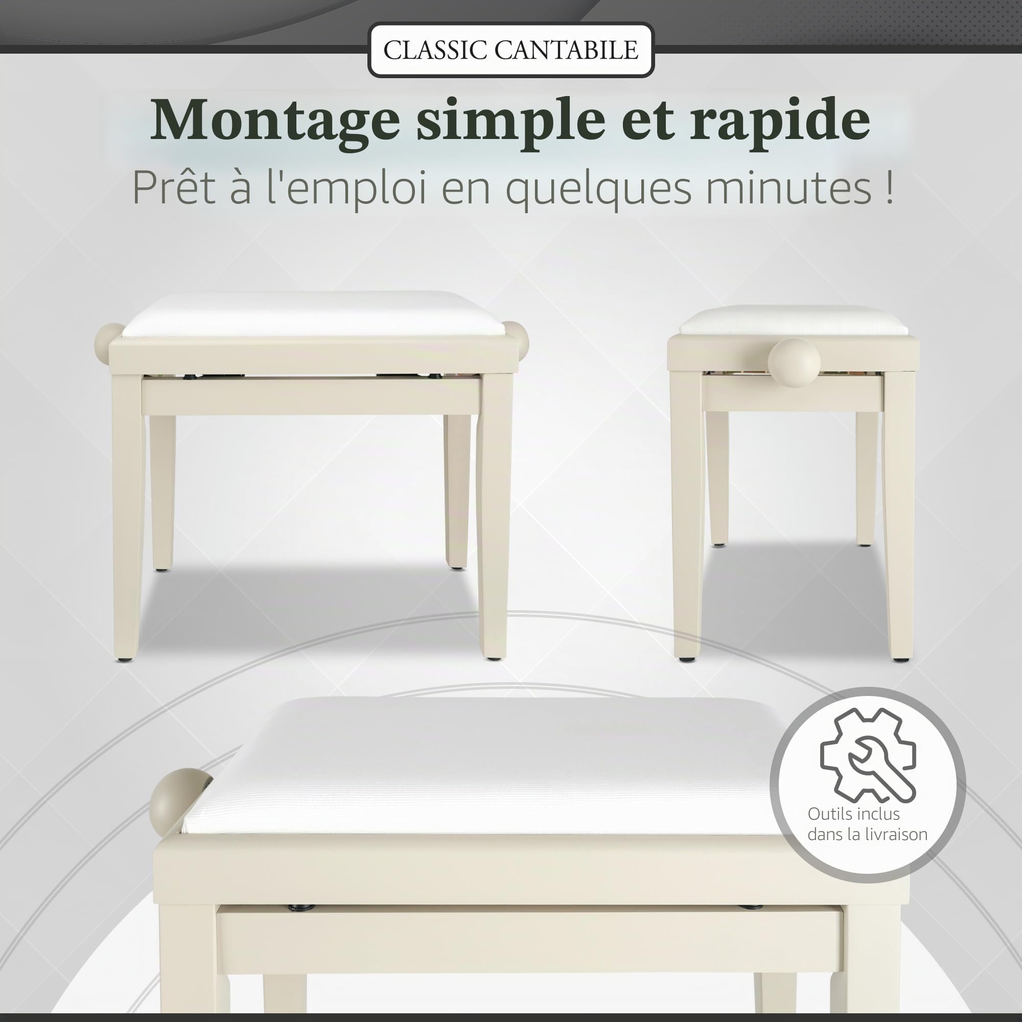 Classic Cantabile Banquette de Piano frêne Blanc Mat
