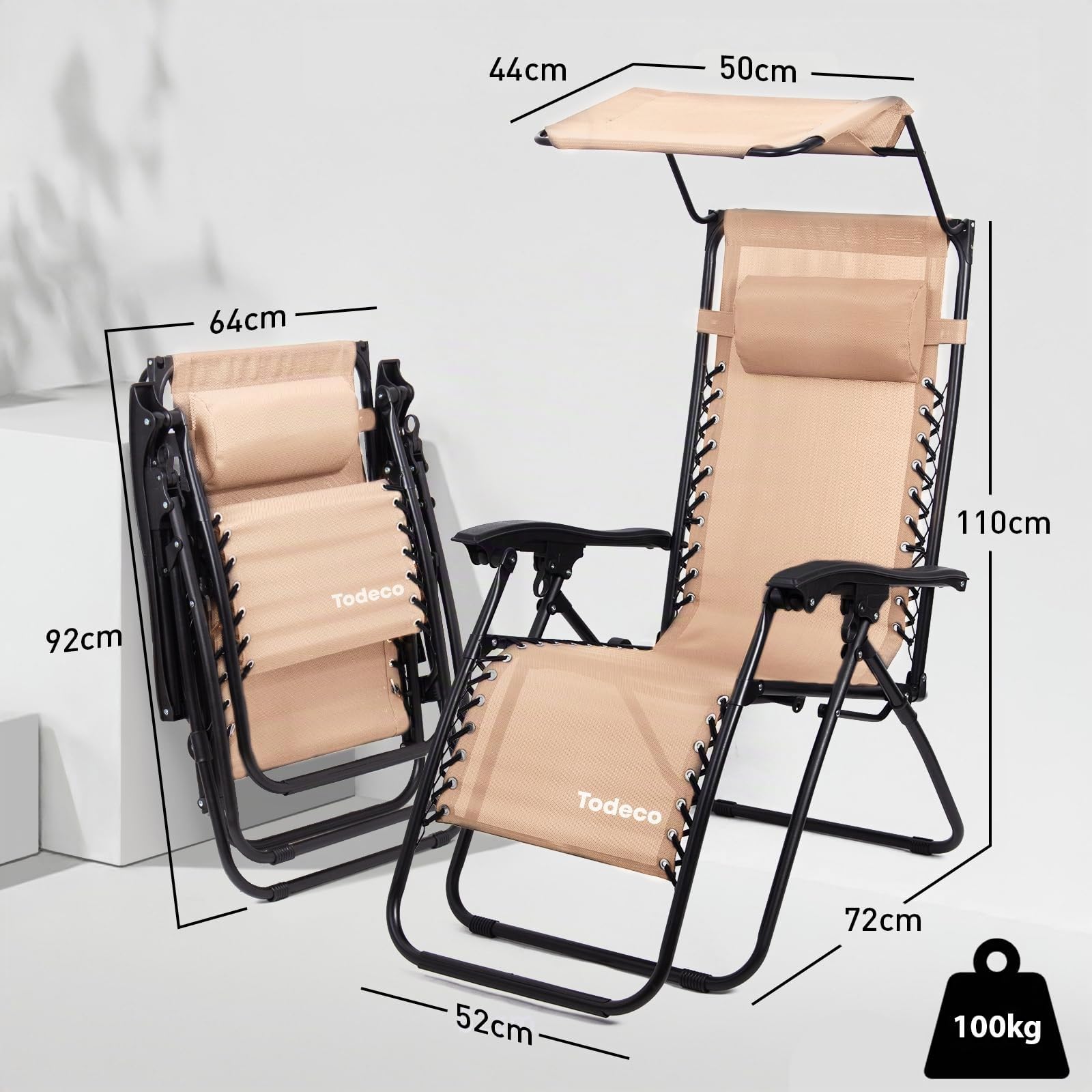 Todeco Transat de Jardin Pliable avec Pare-Soleil, Chaise Longue Inclinable Multiposition, Bain de Soleil Relax en Textilène Respirant avec Repose-Tête et Accoudoirs, pour Plage, Camping, Kaki