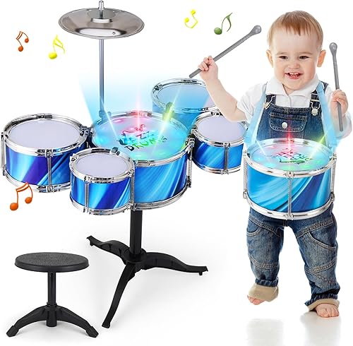 Juego de batería para niños pequeños de 1 a 3 años con luz, regalos musicales, juguetes para niños y niñas de 1, 2, 3 años, kit de batería