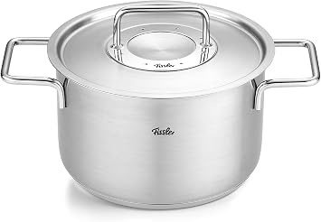 Fissler Pure Collection 6-Piece Stainless Steel Saucepan Set with Metal Lids (3 Saucepans 1 Stewing Pan 1 Saucepan 1 Stainless Steel Care) - Induction Silver