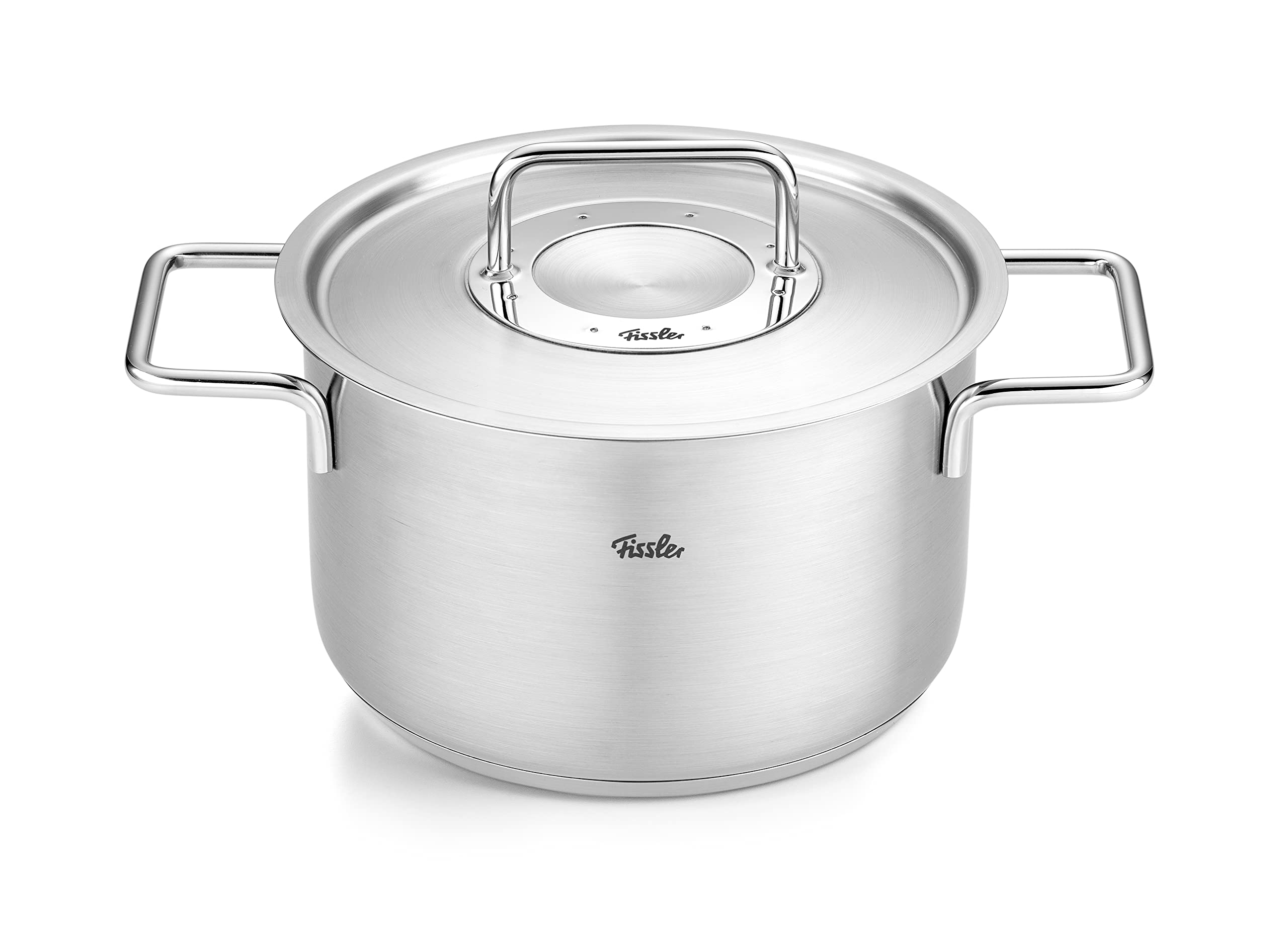 Fissler Pure Collection/Edelstahl-Kochtopfset, 6-teilig, Töpfe mit Metall-Deckel (3 Kochtöpfe,1 Bratentopf 1 Stielkasserolle 1 Edelstahlpflege) - Induktion, Silber