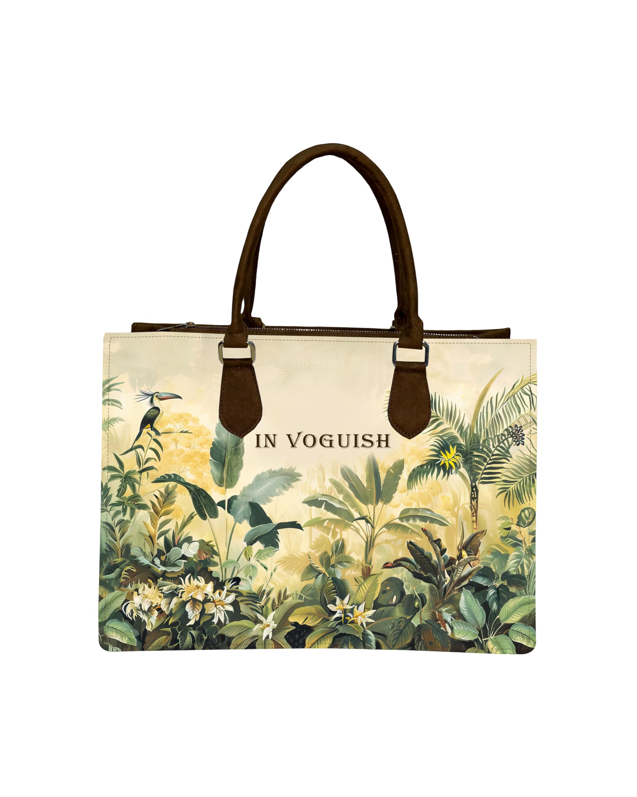 Customized Canvas Tote Bag for Women with Vegan Suede – Custom Name Large Laptop Handbag (Fits 15") – Eco-Friendly Tropical Print Shoulder Bag with Zipper Pockets – 16" inch Office & Travel bag-image-34